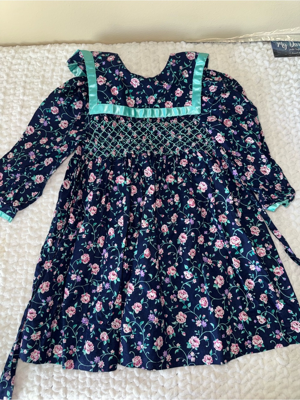 Vintage Polly Flinders Girls 2T Floral Hand Smocked Dress Navy Blue Long Sleeve